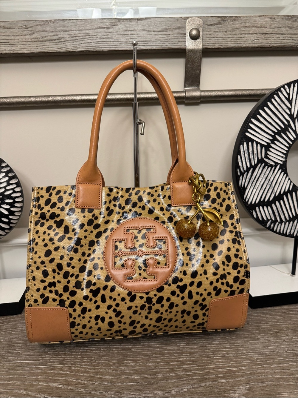 Tory Burch Leopard Print Leather Tote with Tan Trim